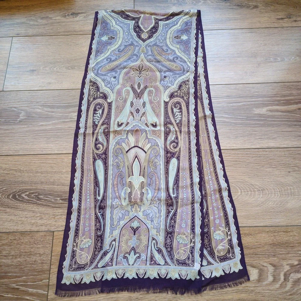 Talbots Paisley Sheer 100% Silk Oblong Scarf - Fringed‎ Edge Purple Blue Long